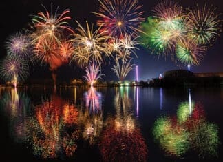 Area Independence Day Fireworks! Multiple Fireworks With Reflections Over Lake Dutzendteich At Spring Fair In Nuremberg