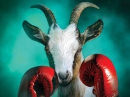 Goat With Boxing Gloves In A Dramatic Smoke Background