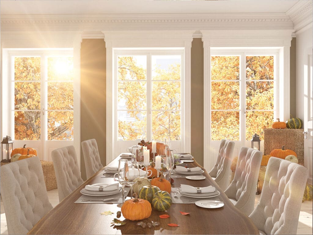 Nordic Kitchen In An Apartment. 3d Rendering. Thanksgiving Concept.