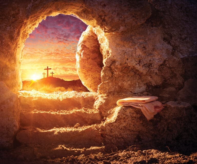 Empty Tomb With Crucifixion At Sunrise Resurrection Concept